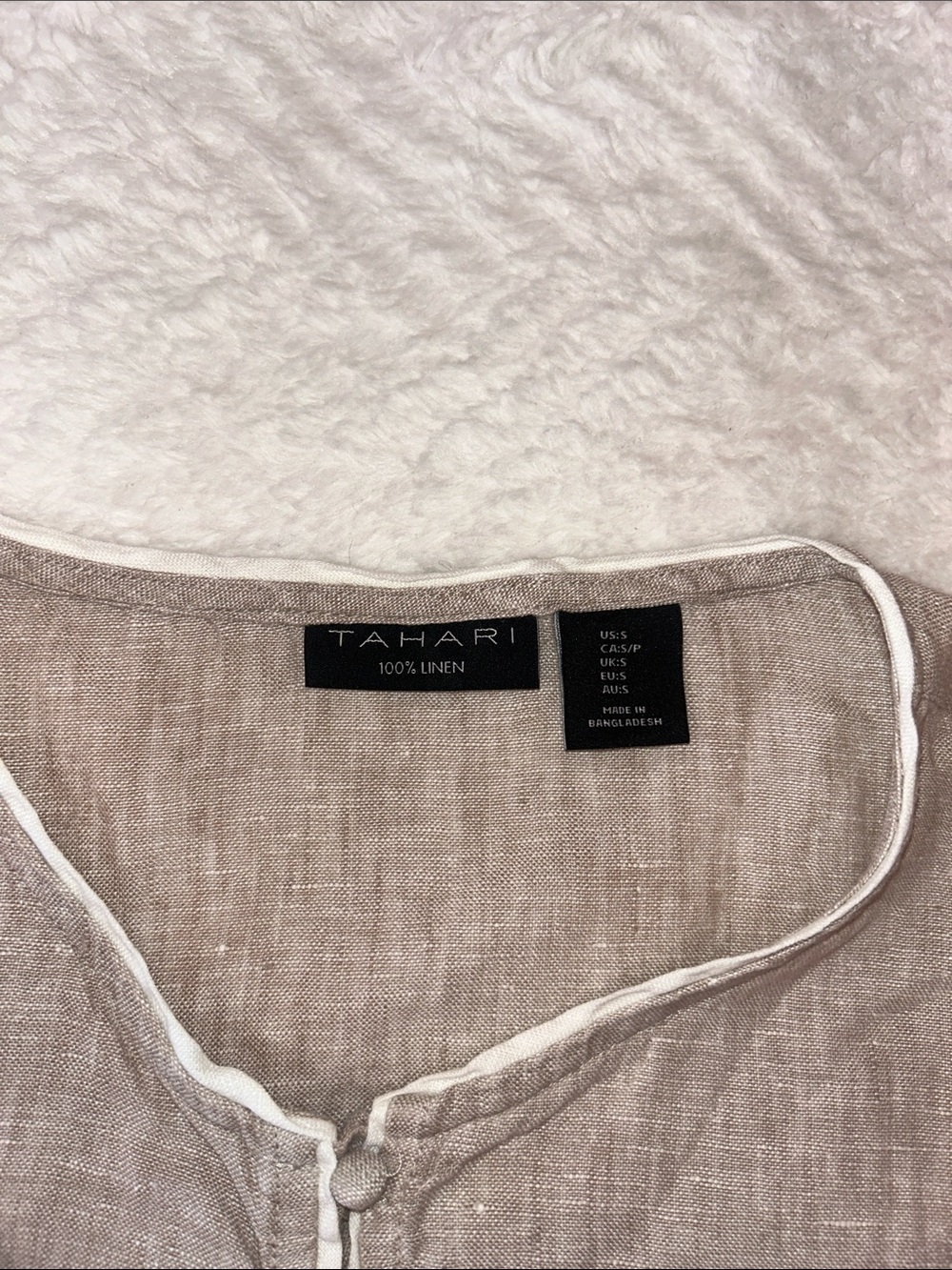 Tahari Taupe Linen Sleeveless Button-Front Top with Cream Trim - Picture 2 of 7